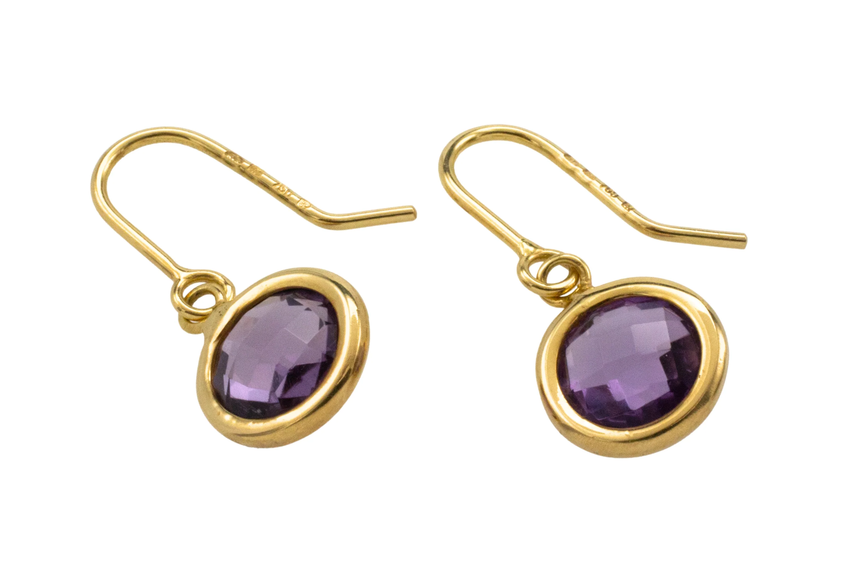 Amethyst pendant earrings in 18 carat gold