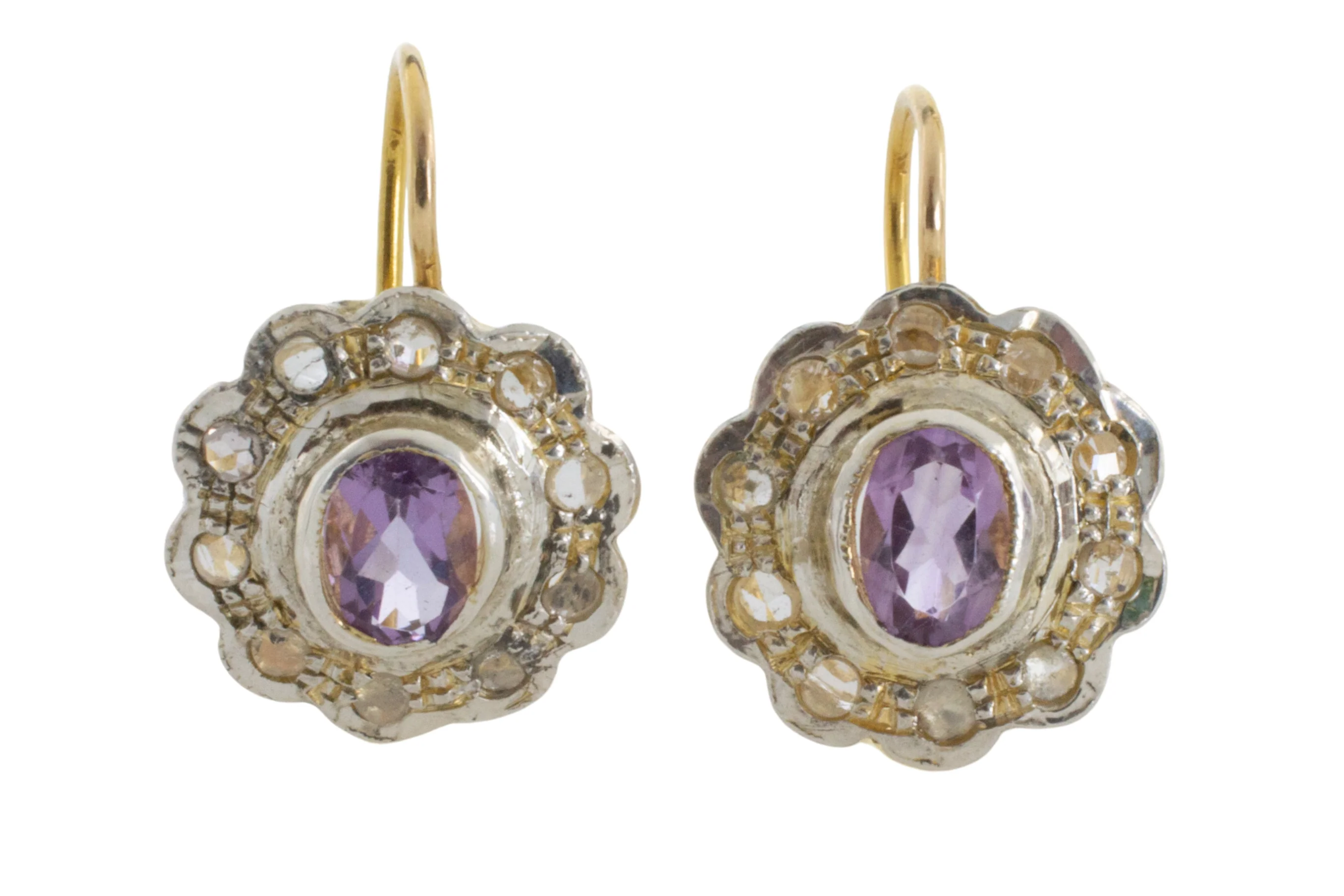 Amethyst and rose diamond earrings in silver and gold