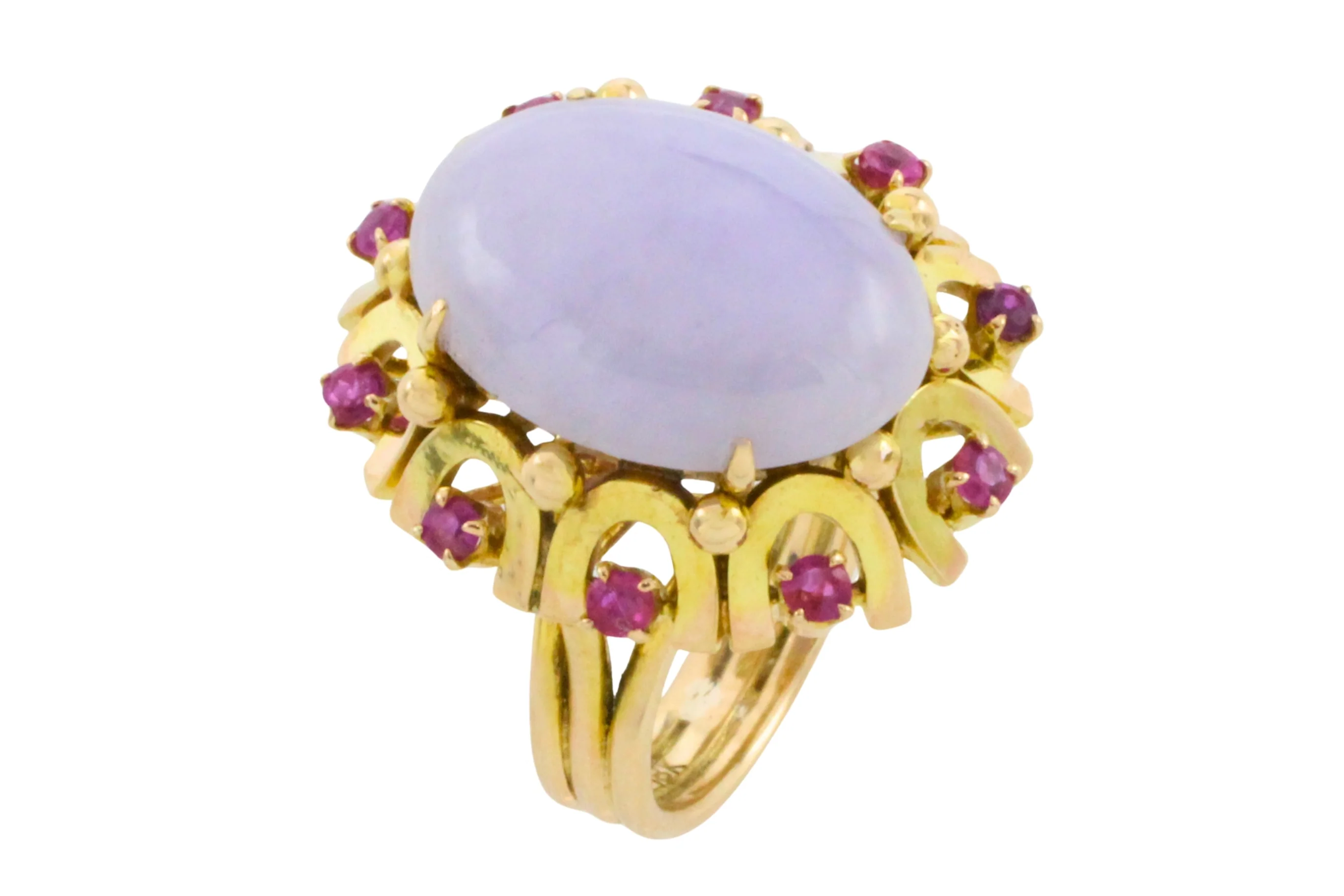 Cabochon lavender jade and ruby ring