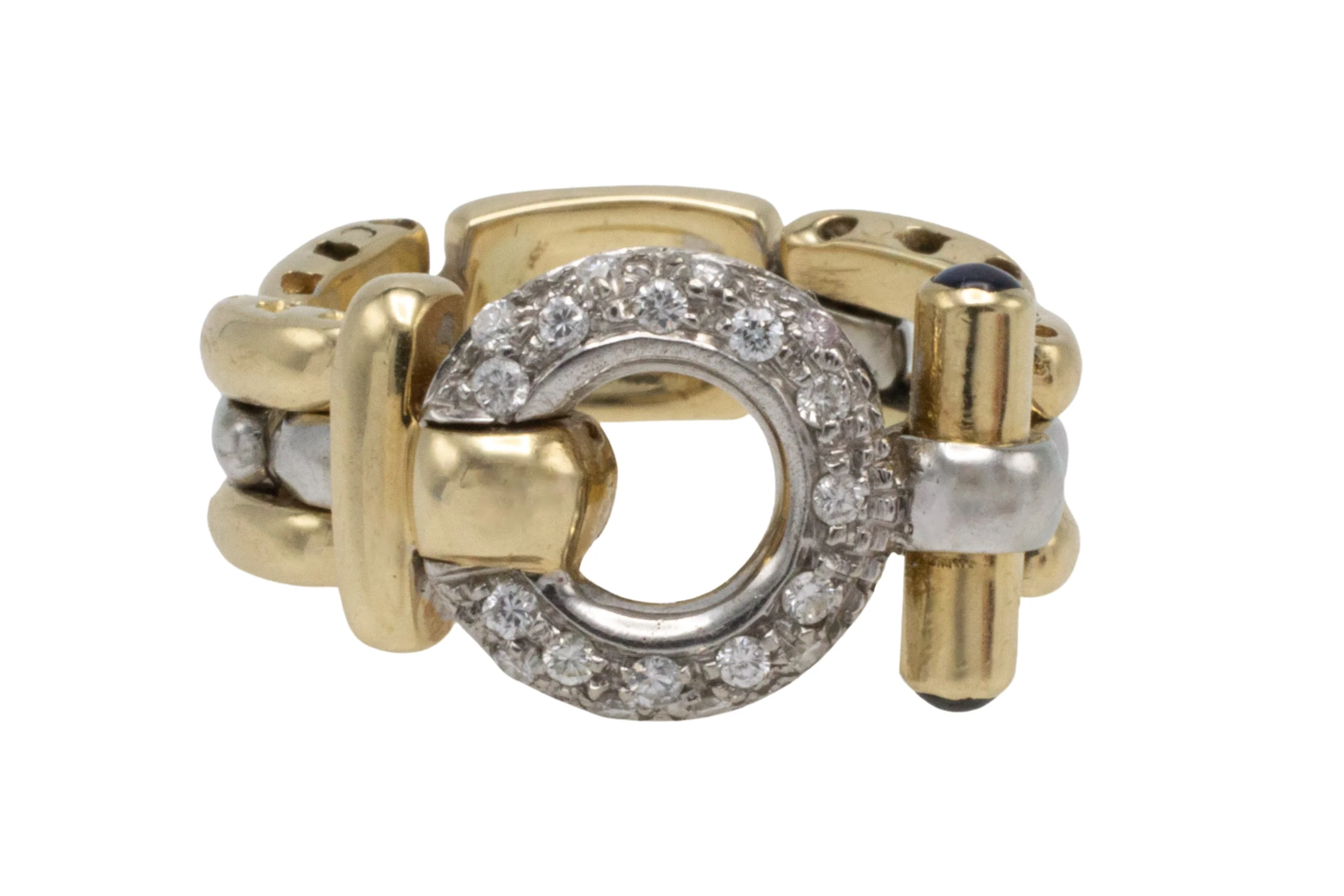 Chain link ring with diamonds and sapphires