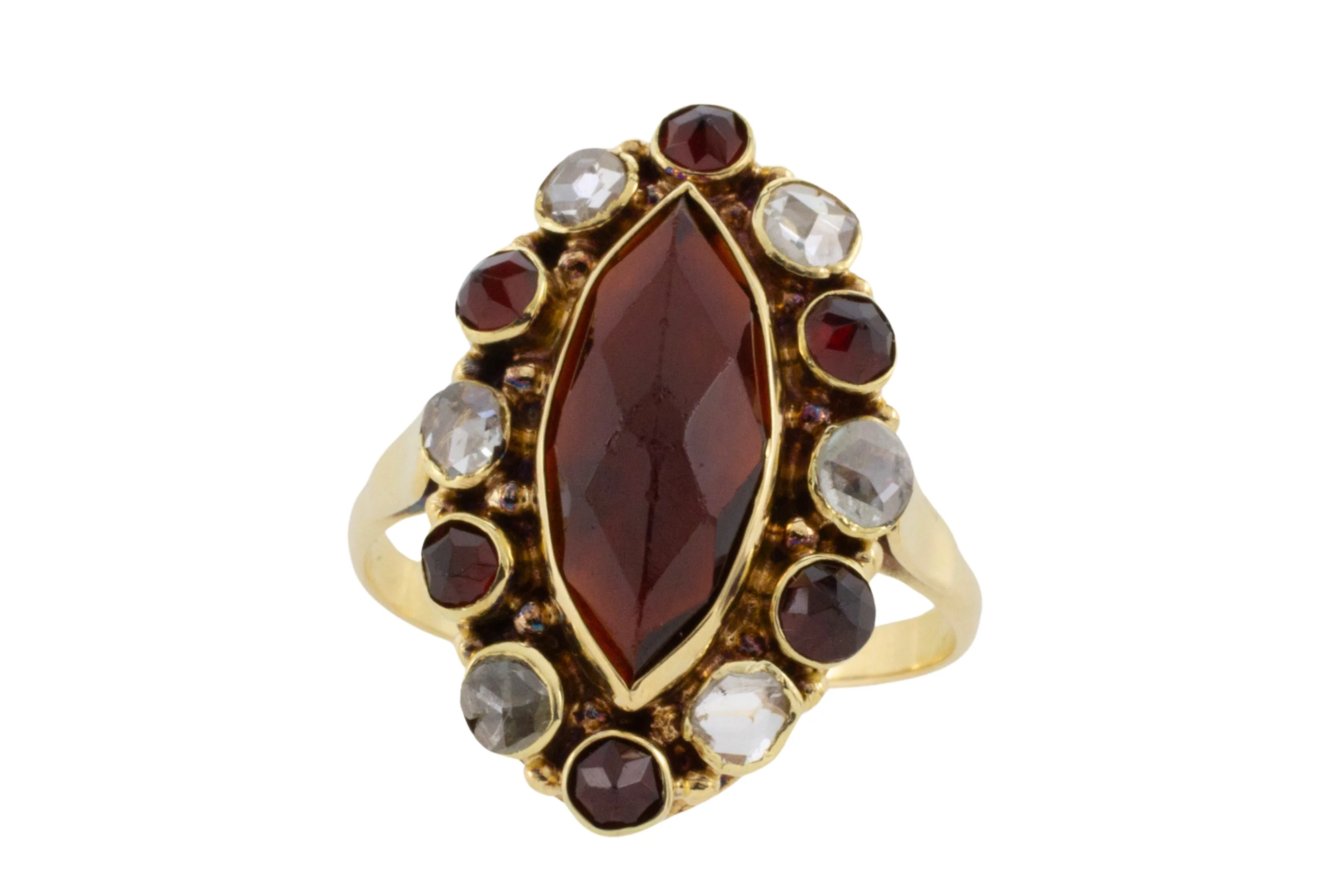 Garnet and rose diamond 14 carat gold ring