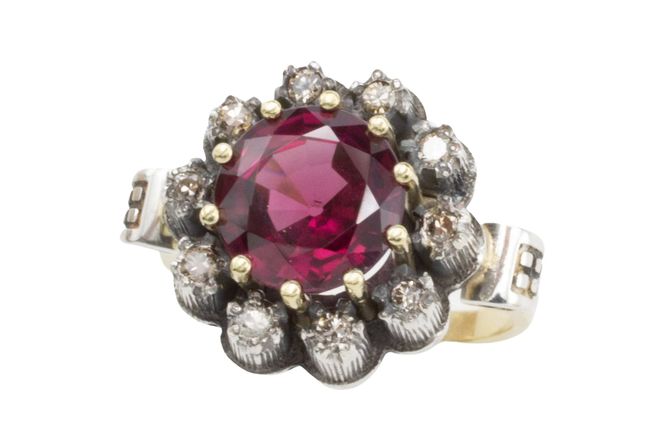 Rhodolite garnet and diamond cluster ring in silver and gold
