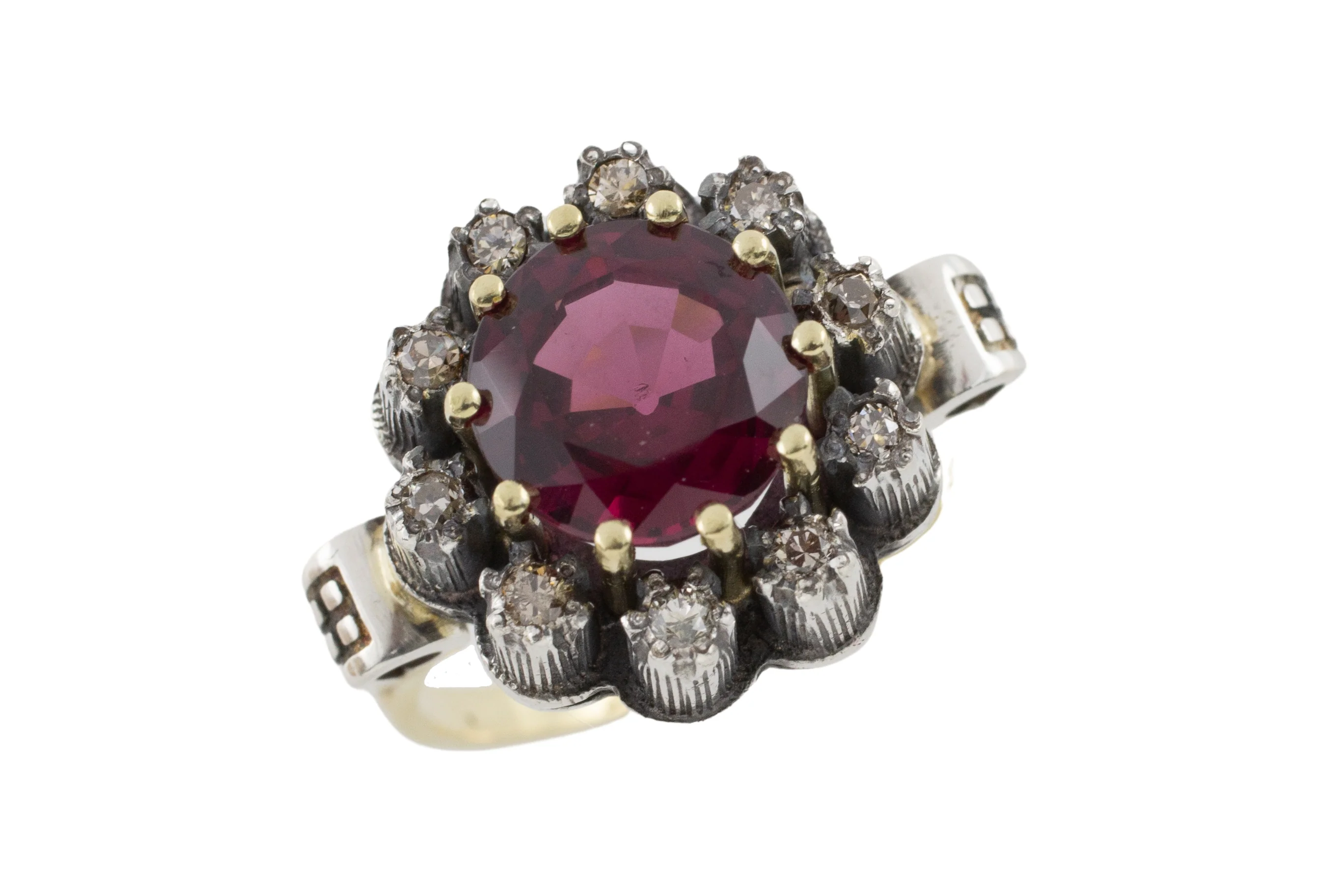 Rhodolite garnet and diamond cluster ring in silver and gold - Image 2