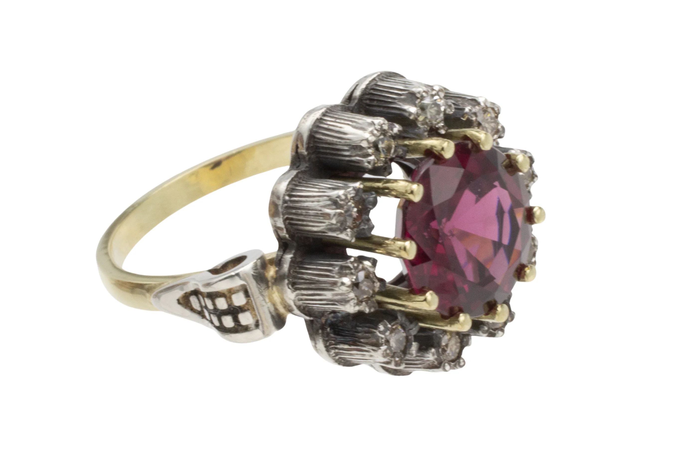 Rhodolite garnet and diamond cluster ring in silver and gold - Image 4
