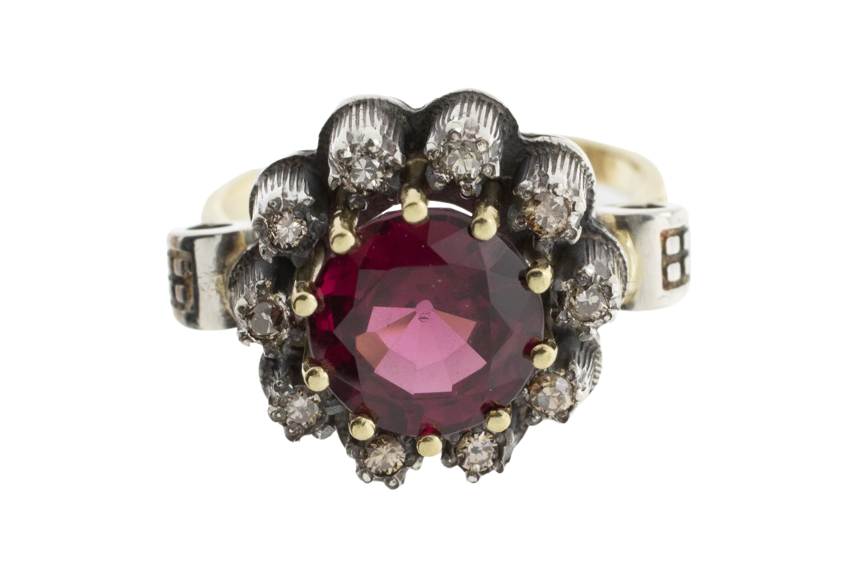 Rhodolite garnet and diamond cluster ring in silver and gold - Image 5