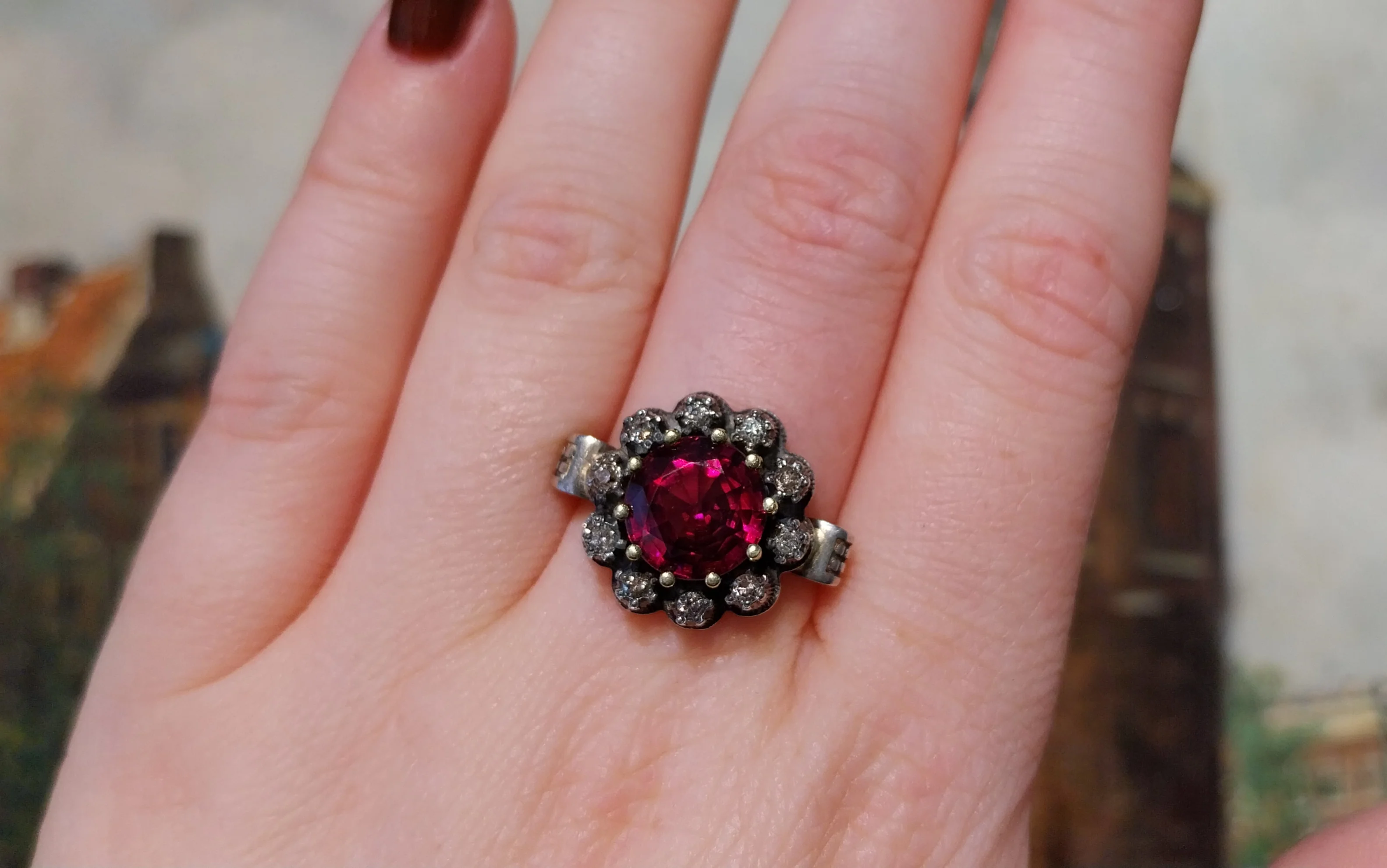 Rhodolite garnet and diamond cluster ring in silver and gold - Image 7