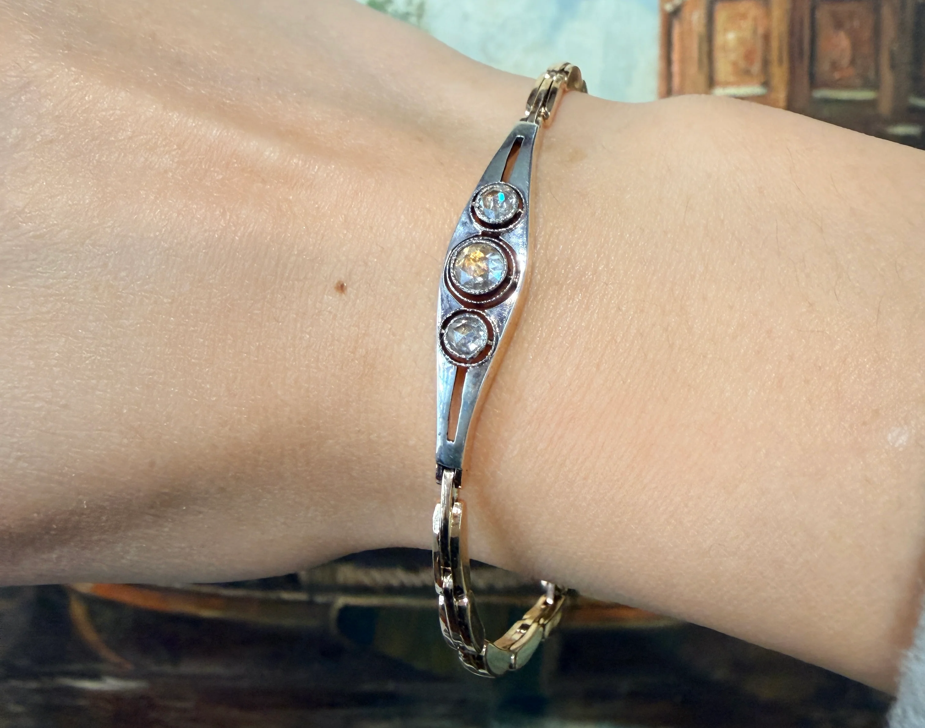 Rose diamond bracelet in 14 carat gold and silver - Image 7