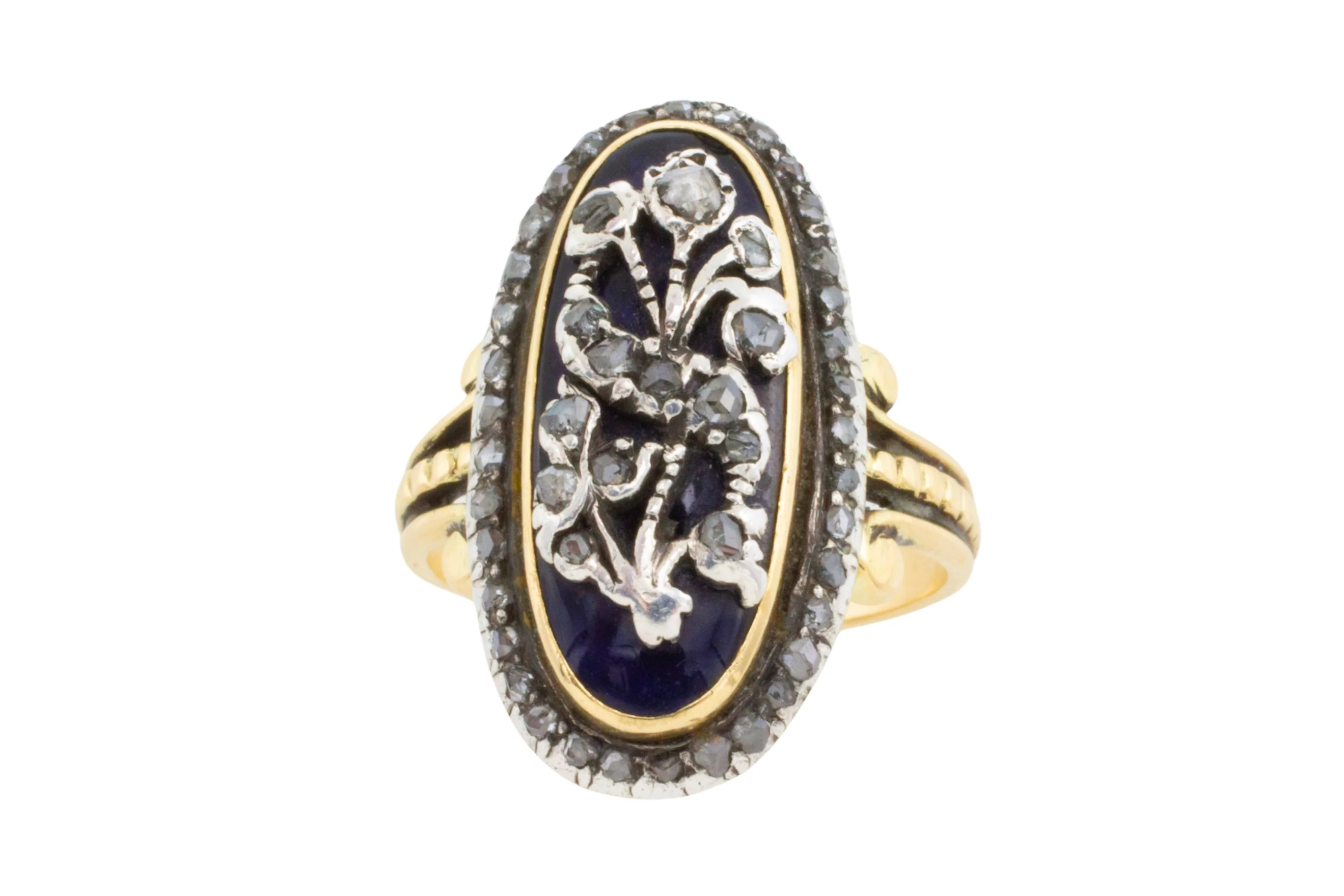 Rose diamond cobolt glass ring in gold and silver