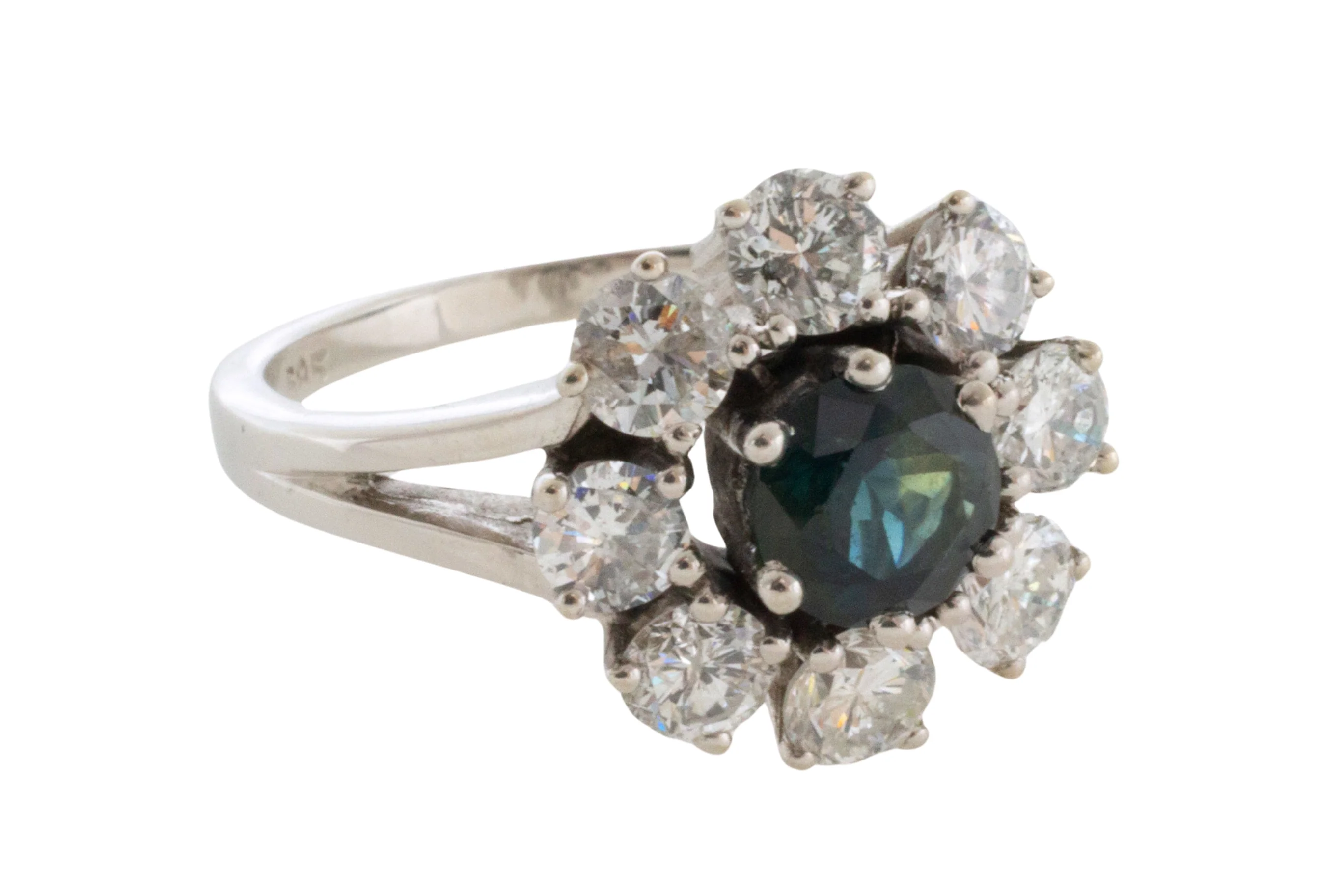 Sapphire and diamond cluster ring in 14 carat white gold