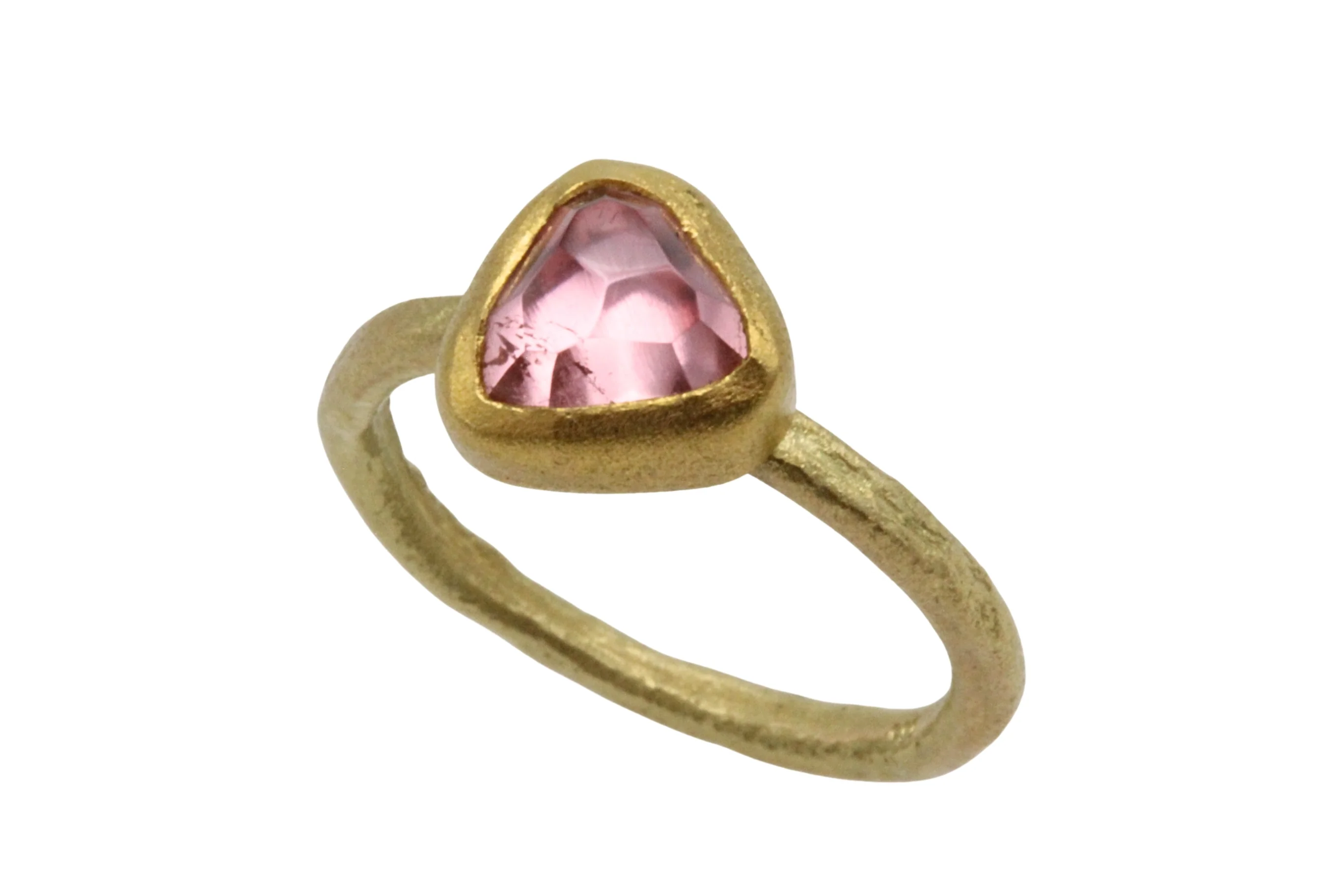 Textured light pink tourmaline ring in 14 carat gold