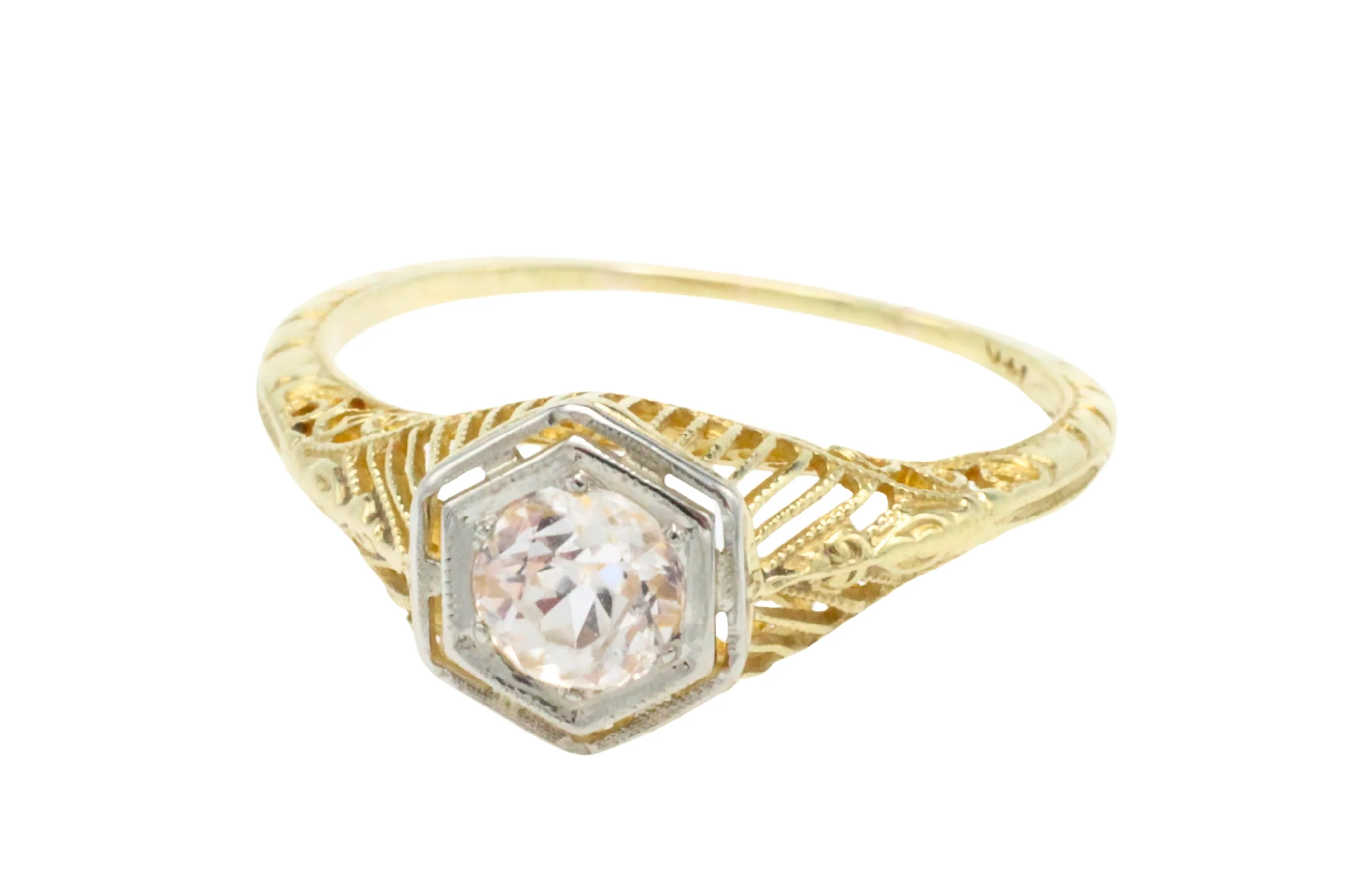 Vintage white sapphire yellow and white gold ring