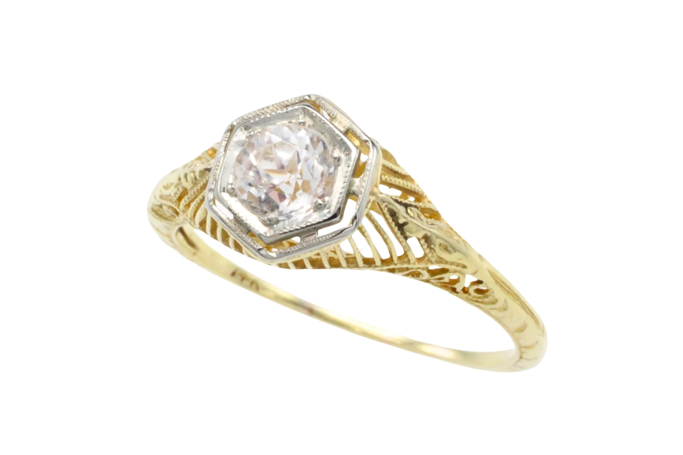 Vintage white sapphire yellow and white gold ring - Image 2