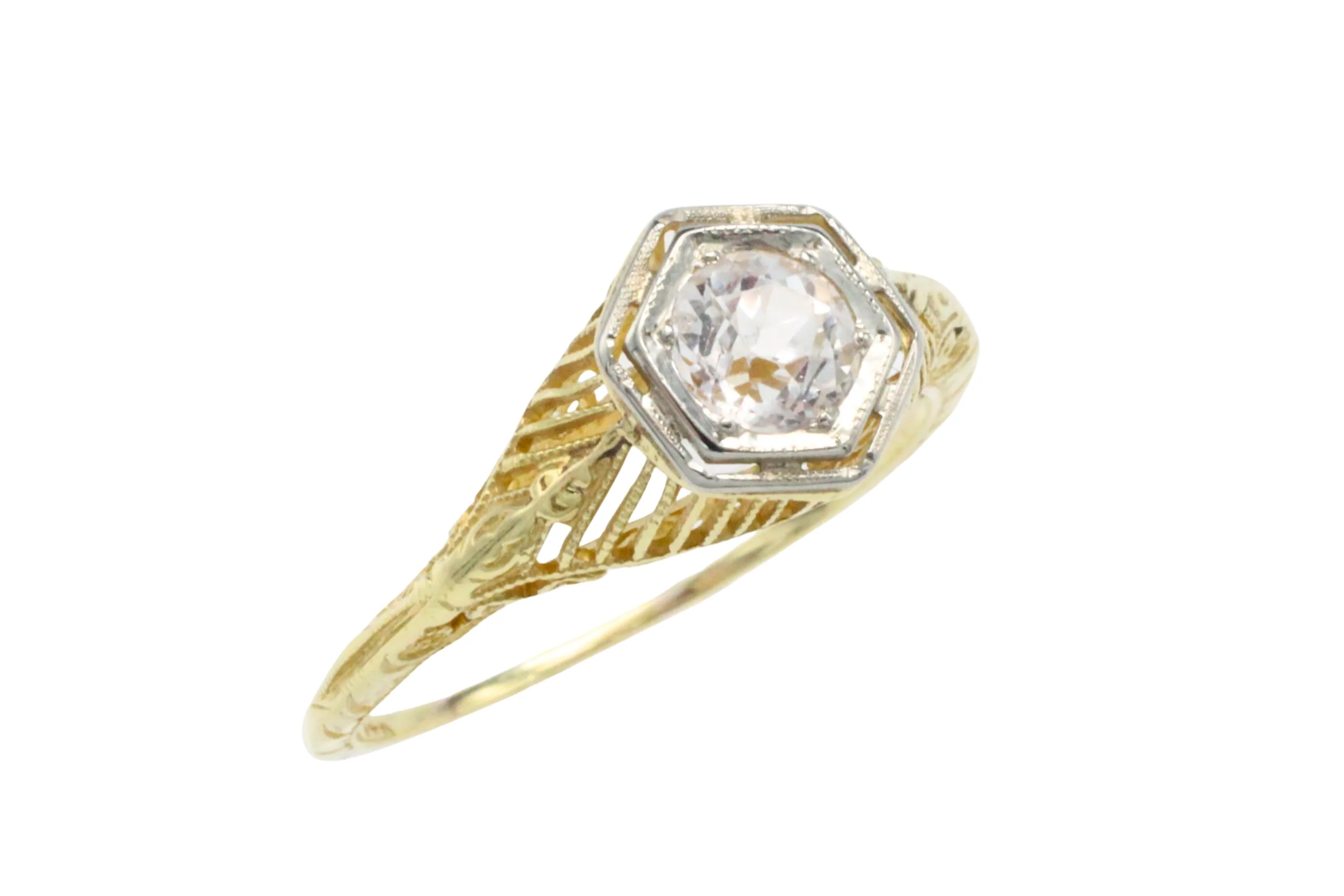Vintage white sapphire yellow and white gold ring - Image 4