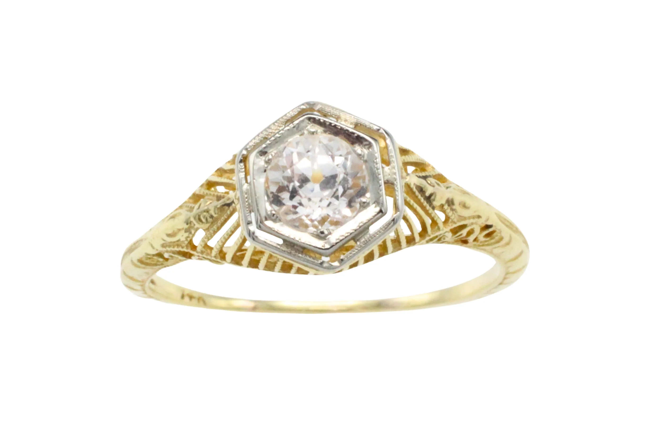 Vintage white sapphire yellow and white gold ring - Image 5