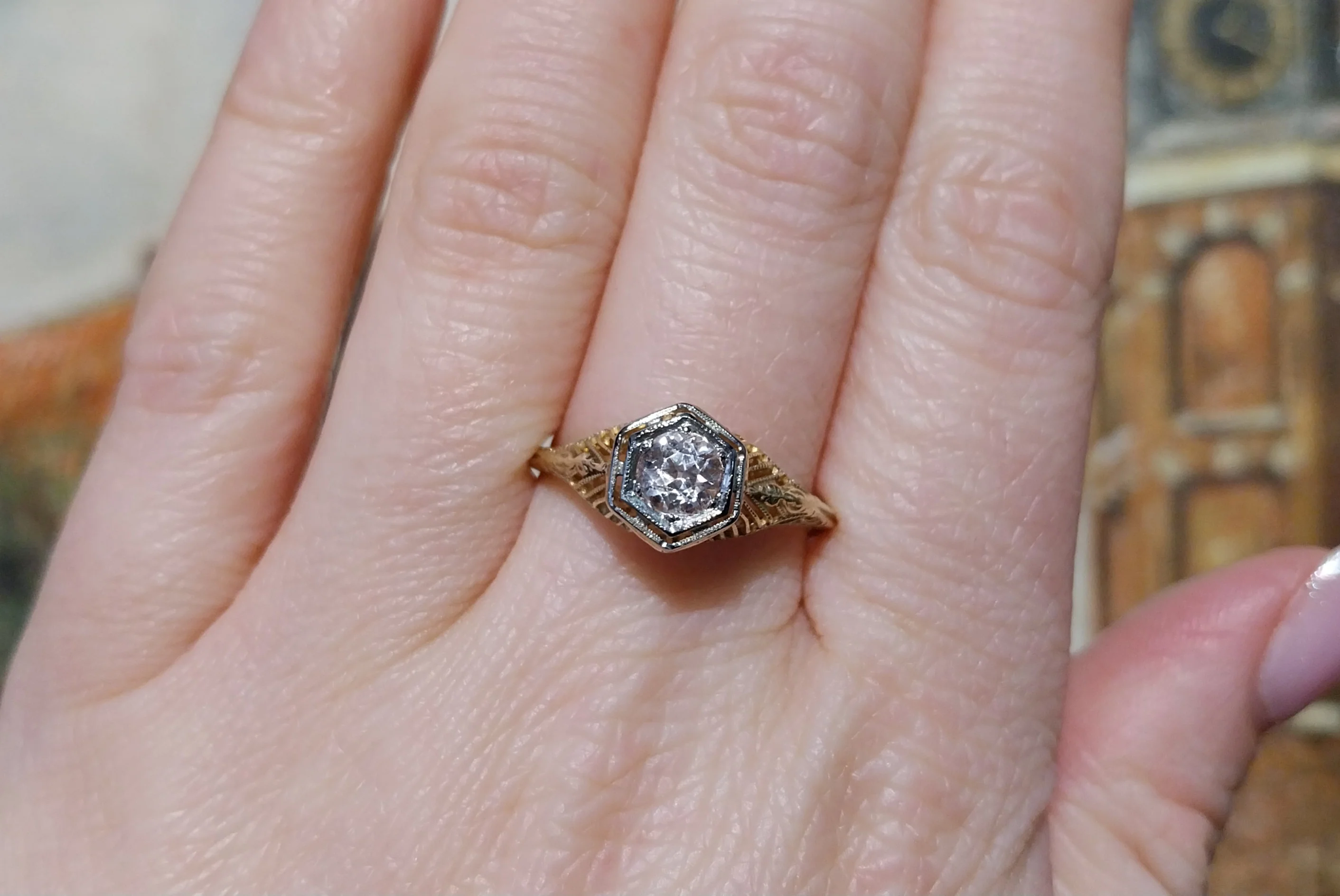 Vintage white sapphire yellow and white gold ring - Image 8